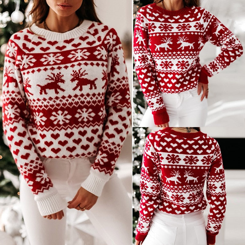 lovwvol Sweater Women Christmas Deer Knitted Long Sleeve Round Neck Ladies Jumper Fashion Casual Winter Autumn Pullover ClothesPlus Size