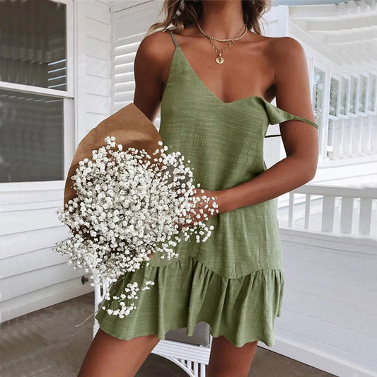 Sexy Spaghetti Strap Ruffle Dress Women Summer Dress  Cotton Linen Vestidos Green Dresses Off Shoulder Sexy Mini Sundress