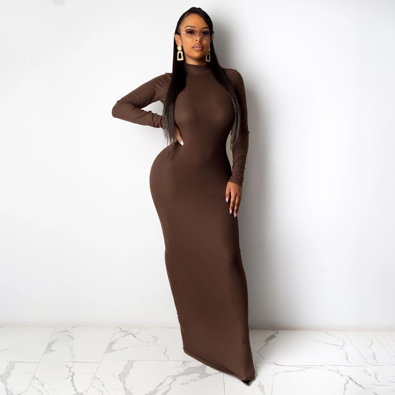 Long Sleeve Solid Backless Skinny  Ribbed Maxi Dress Autumn Winter Women Fashion Sexy Party Club Outfits