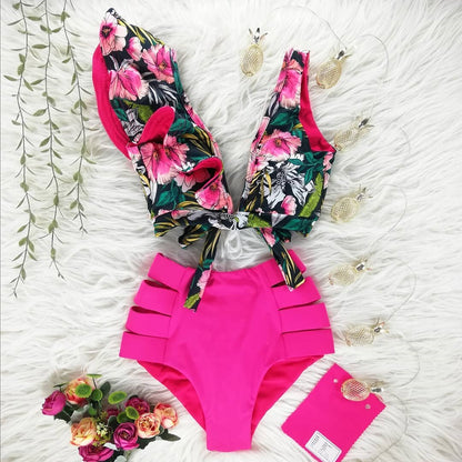 New Bikini Floral Ruffled Bikini Set Women V-neck High Waist Two Piece Swimsuit Girl Beach Bathing Suit Swimwear Biquinis