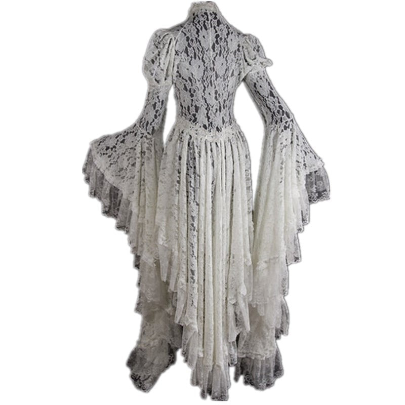 Women White Vintage Solid Lace Flare Sleeve Medieval Cardigan Cosplay Elegant Long Tail Pleated Outwear Victorian Ball Gown