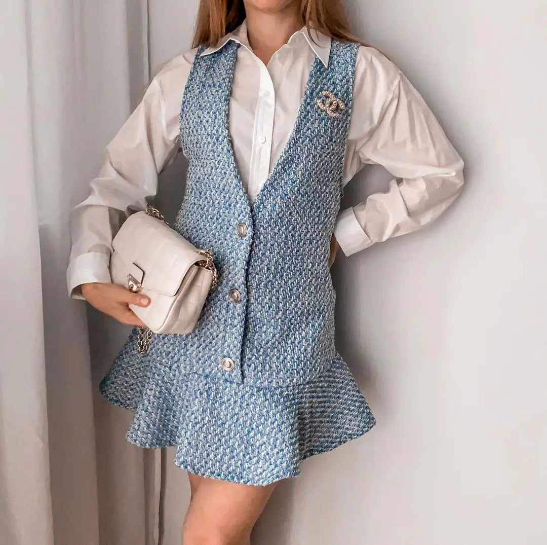 lovwvol Women Tweed Blue Plaid Vintage Casual Sweet Dress Female Fashion Office Lady Slim V Neck Sleeveless Mini Dresses