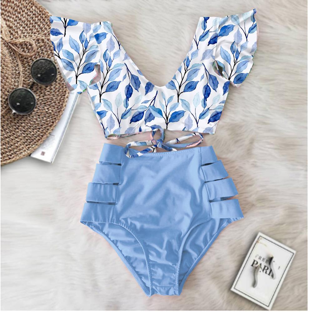 New Bikini Floral Ruffled Bikini Set Women V-neck High Waist Two Piece Swimsuit Girl Beach Bathing Suit Swimwear Biquinis