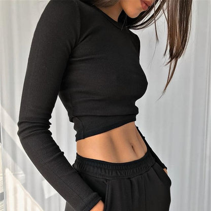 Irene O Neck Long Sleeve Shirt Women Ribbed Sexy Cropped Tops Spring Black Casual Skinny Slim Basic Woman T Shirts White