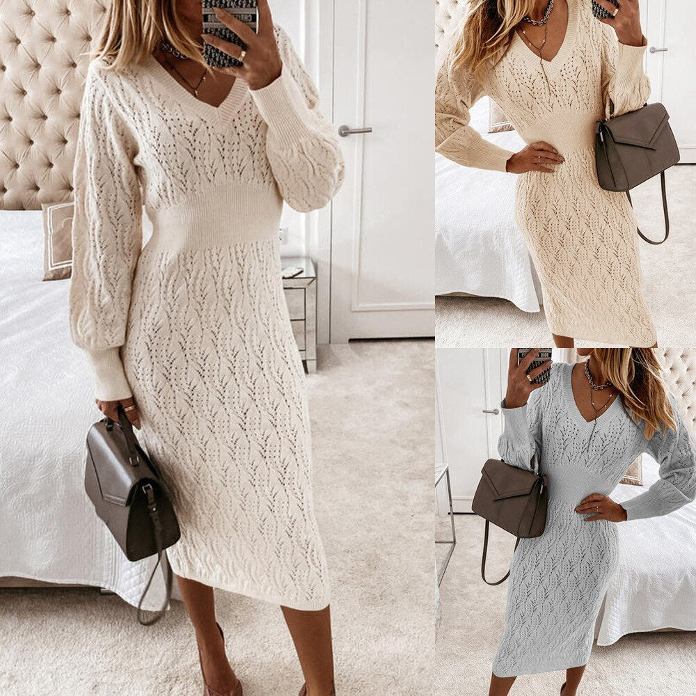 Autumn Fashion Elegant Knitted Sweater Dress Women's Long Sleeve Warm Mini Tight Dress Casual White Ladies Dress New