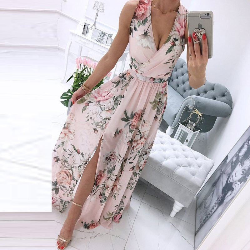 Summer Deep V-Neck Sleeveless Beach Dress Elegant Women Chiffon Split Maxi Party Dress Vintage Floral Print Long Dresses Vestido