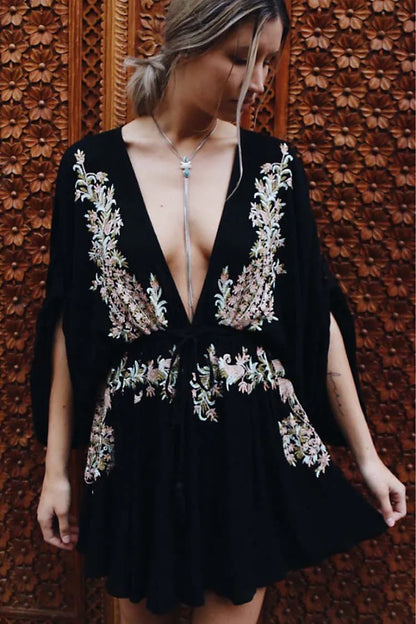 lovwvol new Floral Embroidery boho dress 2020 summer vintage sexy  beach dresses deep V-neck long Sleeve mini party women dress vestidos