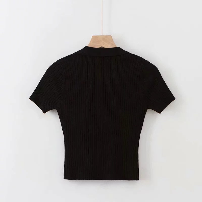 Crop Top Female Polo Shirts Summer Short Sleeve T-shirt Women's Vintage Clothes Ribbed Solid Slim Knit Top Cropped Tees