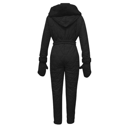 Winter Hooded Jumpsuits Parka Elegant Cotton Padded Warm Sashes Ski Suit Straight Zipper One Piece Women Tracksuits Thick