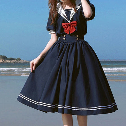 lovwvol Harajuku Sailor Collar Navy Dress Japanese Lolita Sweet Bow-knot Girl Retro Cotton Kawaii Preppy Style Short Sleeve Dress Women