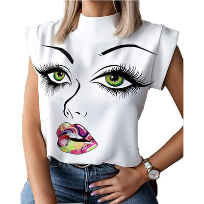 lovwvol Women Lips Printed T Shirt Ladies Casual Stand Neck Tee Tops Short Sleeve Streetwear Summer Floral Plus Size Pullover T-shirts