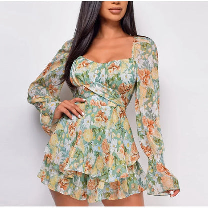 lovwvol Summer Women Jumpsuits Long Sleeve Lace Up Ruffles Floral Print Rompers Female Playsuits Square Collar Outfits