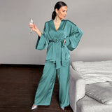lovwvol Womens Pajama Sets Solid Women Robes With Sashes 2 Piece Set Wrist Sleep Tops Satin Pants Loose Pajamas Casual Sleepwear Female Home Suits