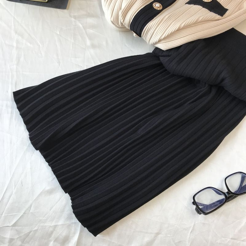 lovwvol High Quality  Spring Fall Knit 2 Piece Set Women Office Lady Single Breasted Sweater Cardigan + Pleated Long Skirt Suit Sets