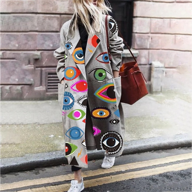 Fall Winter Elegant Women Fashion Lapel Collar Button Long Tops Outwear Casual Pattern Colorful Print Patchwork Cardigan Coats