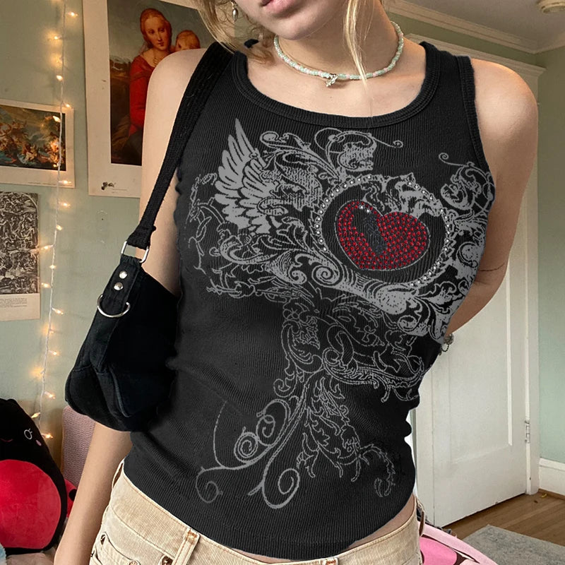 lovwvol Y2k Fairy Grunge Love Wings Rhinestone Graphic Tank Tops Fairy Grunge 90's Aesthetic Clothes Black Ribbed Sleeveless T-Shirts