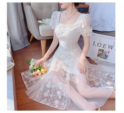 lovwvol Summer Short Sleeve French Elegant Midi Dresses Women Floral Design Sweet Vintage Dresses Evening Party Dress