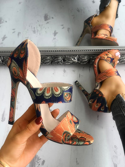 Peacock Feather Print Double Band Stiletto Heels