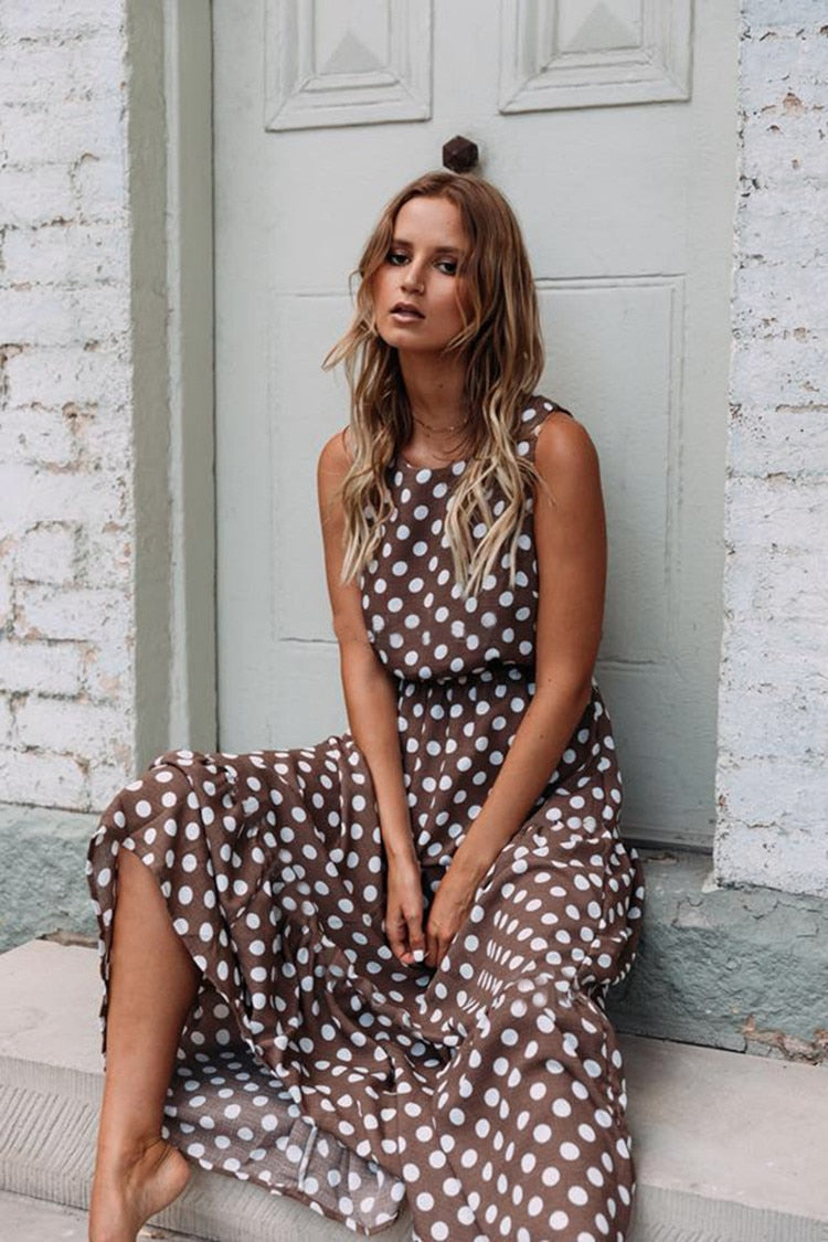 Summer Sexy O Neck Sleeveless Boho Polka Dot Print Maxi Dress Casual Empire Robe Ladies Party Long Dress Vestidos