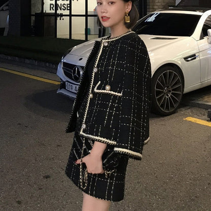 European Style Autumn Winter 2 Piece Set Women Short Woolen Tweed Jacket Coat & Bodycon Mini Skirt Set Women Two Piece Outfits