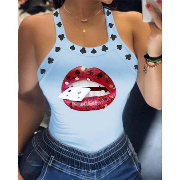 Tank Tops Women U Neck Letter Print Lips Vest Summer Ladies Harajuku Shirts Slim Fit Polyester Sleeveless Top Tshirts