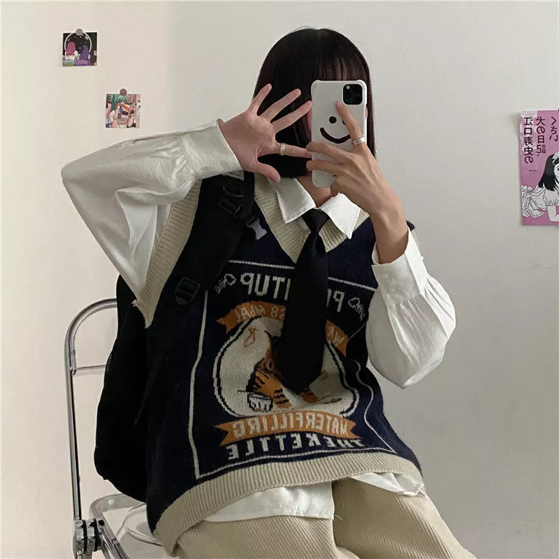 Sweater Vest Women Kawaii Cat Waistcoat Streetwear Knitting Chic Fashion College All-match Harajuku Y2k Vests Chandails