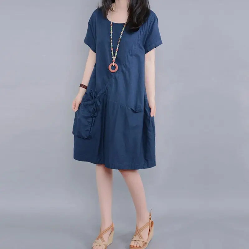 lovwvol  2024 New Arrival Short Sleeve Loose Summer Dress Cotton Linen Pockets bandage Holiday Beach Casual Dress  Women Vintage Dress