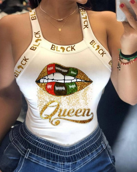 lovwvol Tank Tops Women U Neck Letter Print Lips Vest Summer Ladies Harajuku Shirts Slim Fit Polyester Sleeveless Top Tshirts