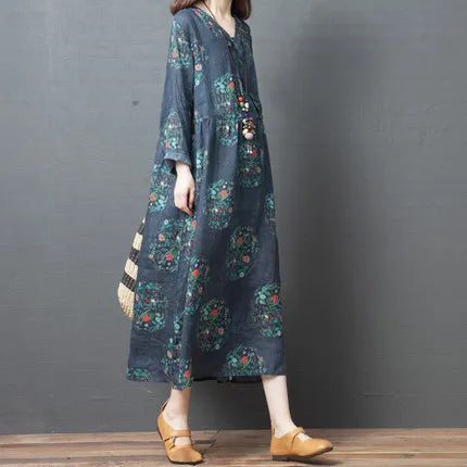 lovwvol  2024 New Arrival Long Sleeve Spring Dress Soft Cotton Blend Print Floral Vintage Dress  Loose Women Casual Autumn Dress