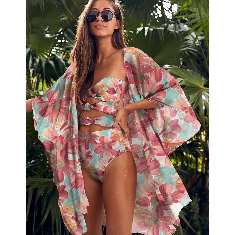 Leaves Print Swimsuit Beach Cover Up Tunics for Beach Long Kaftan Bikini Cover Up Robe De Plage Sarong Beach Swimsuit Cover-Ups