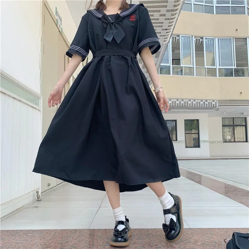 lovwvol Harajuku Sailor Collar Navy Dress Japanese Lolita Sweet Bow-knot Girl Retro Cotton Kawaii Preppy Style Short Sleeve Dress Women