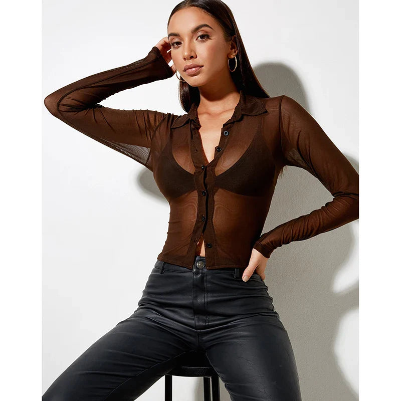 lovwvol Summer Blusas Chocolate Y2k Transparent Mesh Top Perspective Sexy Mature Shirt