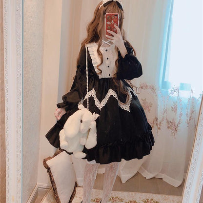 Alice In Wondeland Cute Women Lolita OP Dress Flouncing Lace Trim Japanese Harajuku Long Sleeves Doll Teen Dress Fairy Vestidos