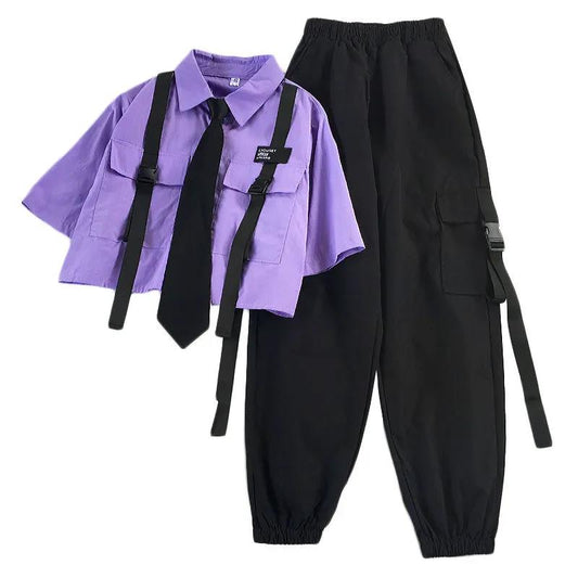 lovwvol 2023 Spring Streetwear Pants High-Waist Straight Ribbon Cargo Pants Student Loose Short-Sleeved Shirt with Tie two-piece Set