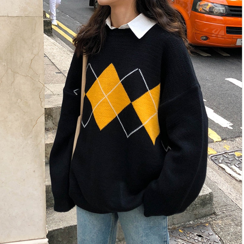 Women's Sweater Winter Geometric Pattern Fashion Basic Casual Regular Tops Female Long Sleeve Korean Oversize Jumpers Pullovers