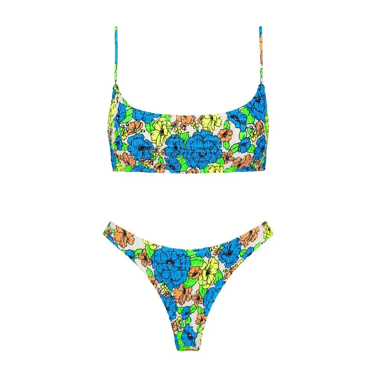 Sexy Bandeau Push Up Bikini Set Spaghetti Strap Two Piece Swimsuit Ruched Bikinis Women Swimwear Floral Bathing Suit Beach Wear