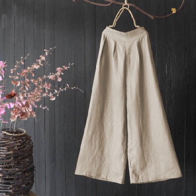 Cotton Linen Nine Capris Pants Women Elastic Waist Wide Leg Pants Casual Vintage Linen Straight Wide Leg Trousers