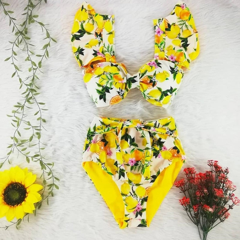 New Bikini Floral Ruffled Bikini Set Women V-neck High Waist Two Piece Swimsuit Girl Beach Bathing Suit Swimwear Biquinis