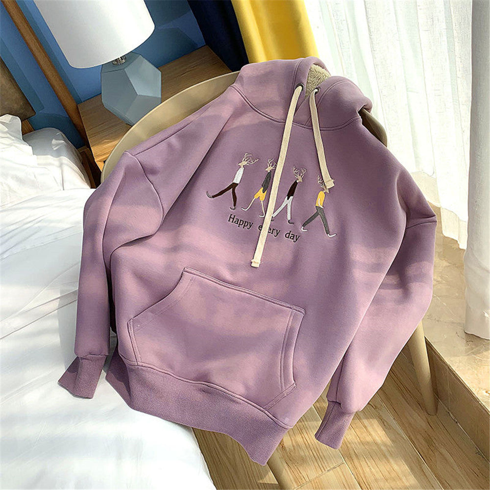 lovwvol Jacket women solid color hoodies autumn winter imitation lamb wool korean loose plus velvet thick zipper sweatshirt tops