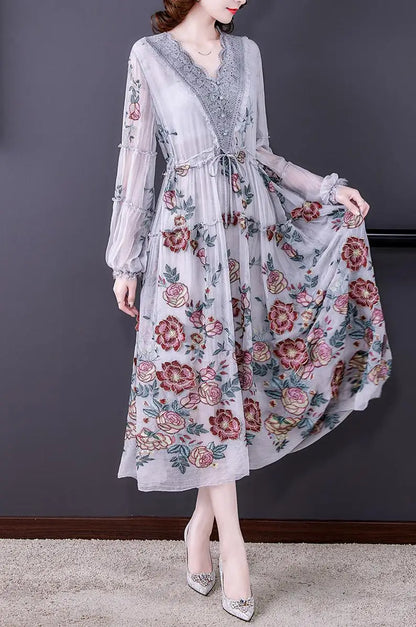 lovwvol New 2024 Women's Summer Runway  Embroidered Long Dress Ladies V-neck Lantern Sleeve Mesh Vintage Party Dress