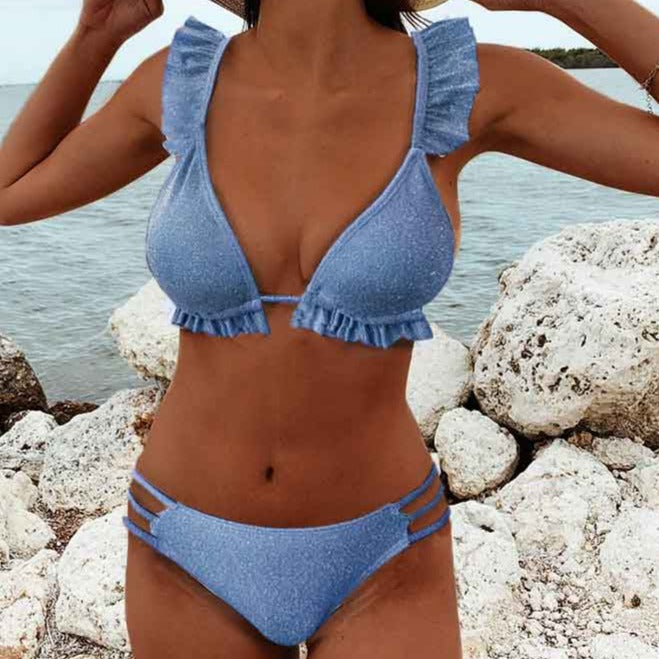 Peachtan Shiny ruffle bikini Micro solid swimsuit women Hollow out backless swimwear female Frill String bathing suit New