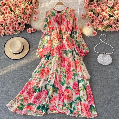 lovwvol Runway Spring Summer Vacation Dress Women Elegant Bat Sleeve Rose Print Bohemian Lady Chiffon Long Maxi Dress