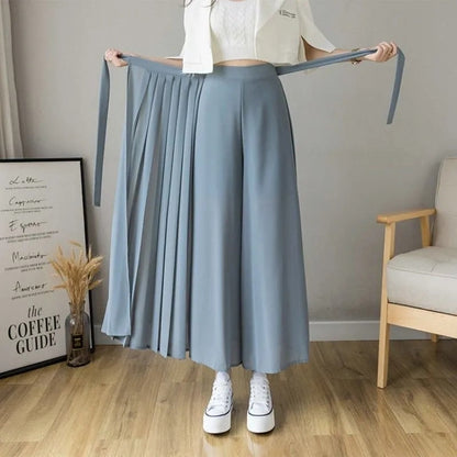 Spring Summer New Style Korean Women Pleated Chiffon Trousers High Waist Pants Hakama Casual Wide Leg Pantalones