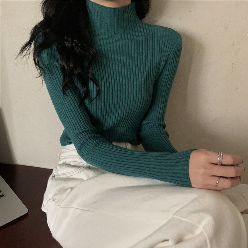 lovwvol lovwvol White Half High Neck Sweater Women's Autumn Winter Long Sleeved Top Foreign Style Bottomed Sweater Rac