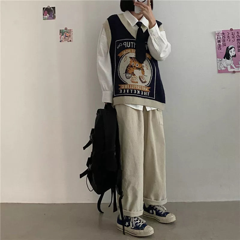 Sweater Vest Women Kawaii Cat Waistcoat Streetwear Knitting Chic Fashion College All-match Harajuku Y2k Vests Chandails