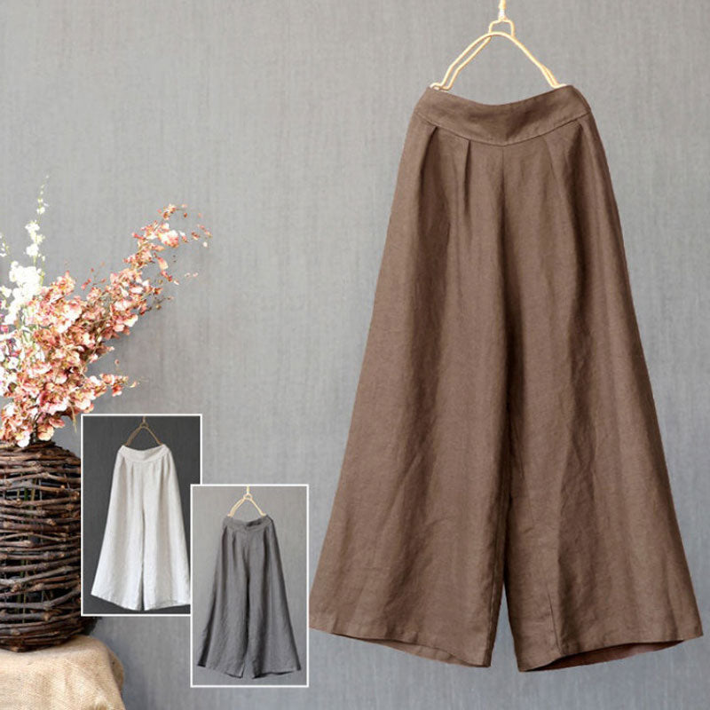 Cotton Linen Nine Capris Pants Women Elastic Waist Wide Leg Pants Casual Vintage Linen Straight Wide Leg Trousers