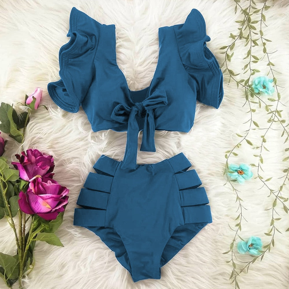 Two-Pieces Women Floral Push-Up Padded Bra Ruffles Bandage Bikini Set Swimsuit Swimwear Bathing Suit Beachwear Biquini