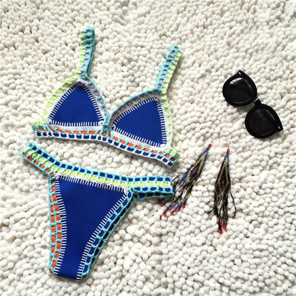 Micro Bikini Women Handmade Crochet Knit Swimwear Halter Patchwork Bathing Suit Swimsuit Biquini Thong Bikini traje de bano