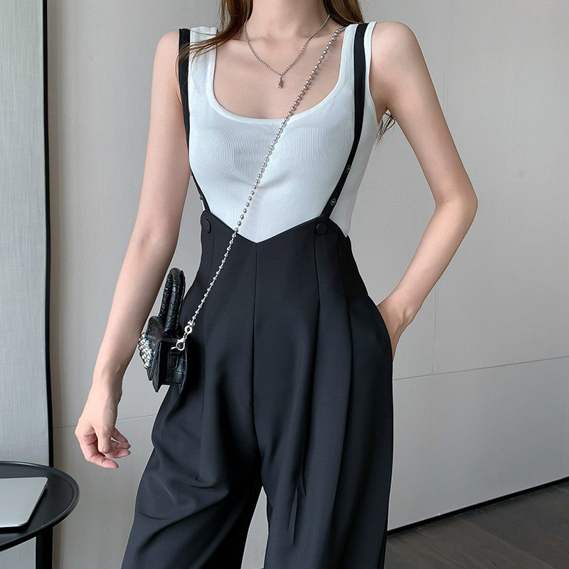 Women Summer Fashion Strap Wide-leg Pants Jumpsuit Casual Loose Drape Split Trousers High Waist Bodysuit Sling One-piece Pants