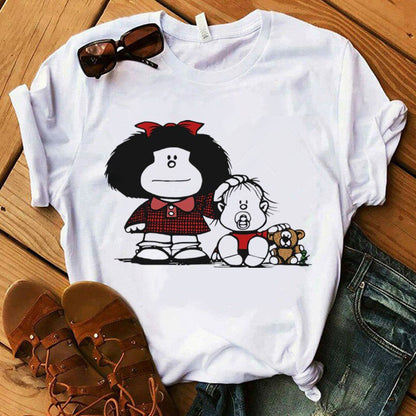 Mafalda T-shirt Women Summer Harajuku Casual Short Sleeve T-shirts Streetwear O-Neck White Tops Tee 90s Cartoon Tshirt Femme Top